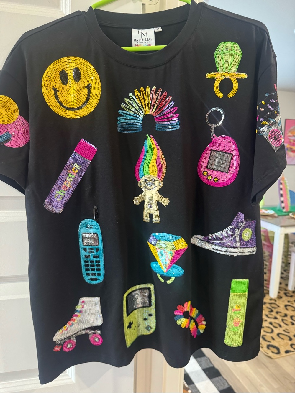 hazel Black Short-Sleeve Tee with Colorful Sequin Icons - Picture 4 of 7